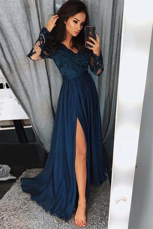 Trendy Long Sleevess Lace Beads Party Dresses Front Split Formal Dresses-Dbrbridal