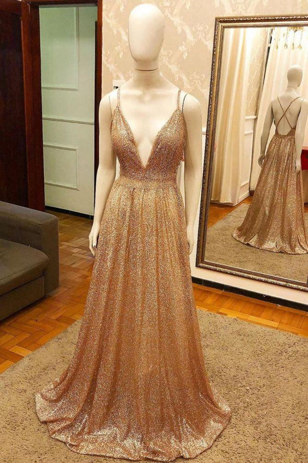 Trendy New Arrival Pluging V-Neck Gold Gorgeous Formal Dresses with Criss-cross Back-Dbrbridal