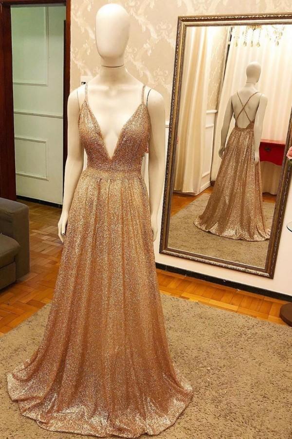 Trendy New Arrival Pluging V-Neck Gold Gorgeous Formal Dresses with Criss-cross Back-Dbrbridal