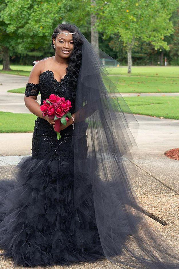 Trendy Off-the-Shoulder Gorgeous Beads Prom Dresses Fit and Flare Tulle Ruffles Evening Gowns-Dbrbridal