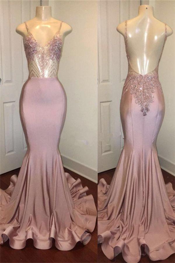 Trendy Pink Beads Spaghetti-Straps Party Dresses Mermaid Formal Dresses-Dbrbridal
