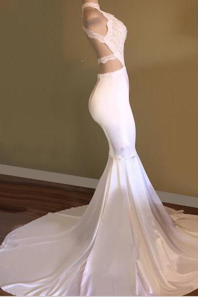 Trendy White Mermaid High-Neck Sleeveless Formal Dresses-Dbrbridal