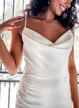 Trumpet Mermaid Fitted Cowl Neck Elastic Satin Wedding Dresses Appliques Lace-Dbrbridal