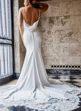 Trumpet Mermaid Fitted Cowl Neck Elastic Satin Wedding Dresses Appliques Lace-Dbrbridal