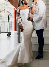 Trumpet Mermaid Fitted Illusion Neck Satin Wedding Dresses Lace-Dbrbridal