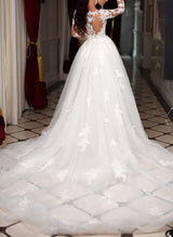 Trumpet Mermaid Fitted Long Sleeves Tulle Wedding Dresses Appliques Lace-Dbrbridal