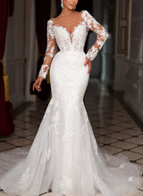 Trumpet Mermaid Fitted Long Sleeves Tulle Wedding Dresses Appliques Lace-Dbrbridal