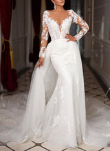 Trumpet Mermaid Fitted Long Sleeves Tulle Wedding Dresses Appliques Lace-Dbrbridal