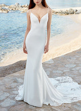 Trumpet Mermaid Fitted Sleeveless Sweep Train Lace Elastic Satin Wedding Dresses-Dbrbridal