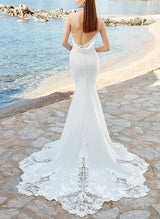 Trumpet Mermaid Fitted Sleeveless Sweep Train Lace Elastic Satin Wedding Dresses-Dbrbridal