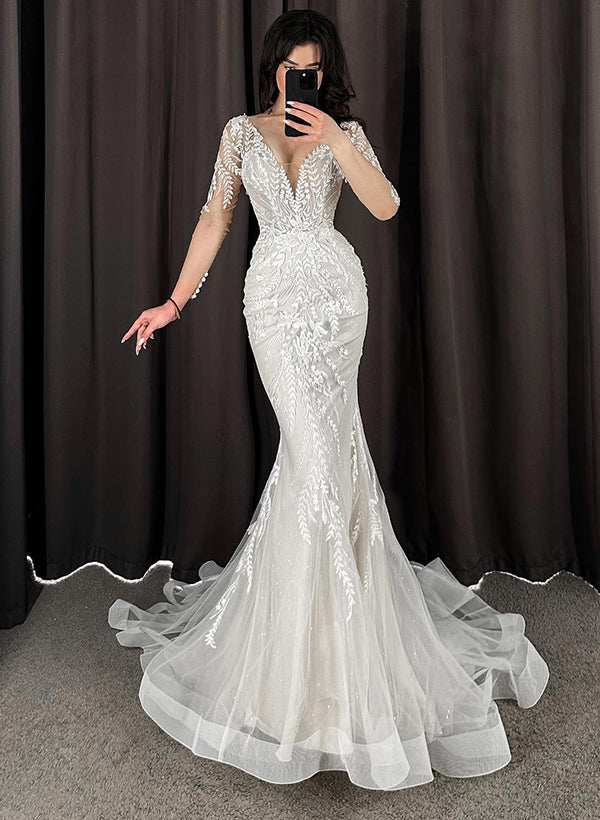 Trumpet Mermaid Fitted V Neck Long Sleeves Lace Tulle Wedding Dresses-Dbrbridal