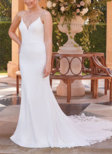 Trumpet Mermaid Fitted V-Neck Sleeveless Lace Elastic Satin Wedding Dresses-Dbrbridal