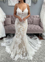 Trumpet Mermaid Fitted V-Neck Sleeveless Wedding Dresses Appliques Lace-Dbrbridal