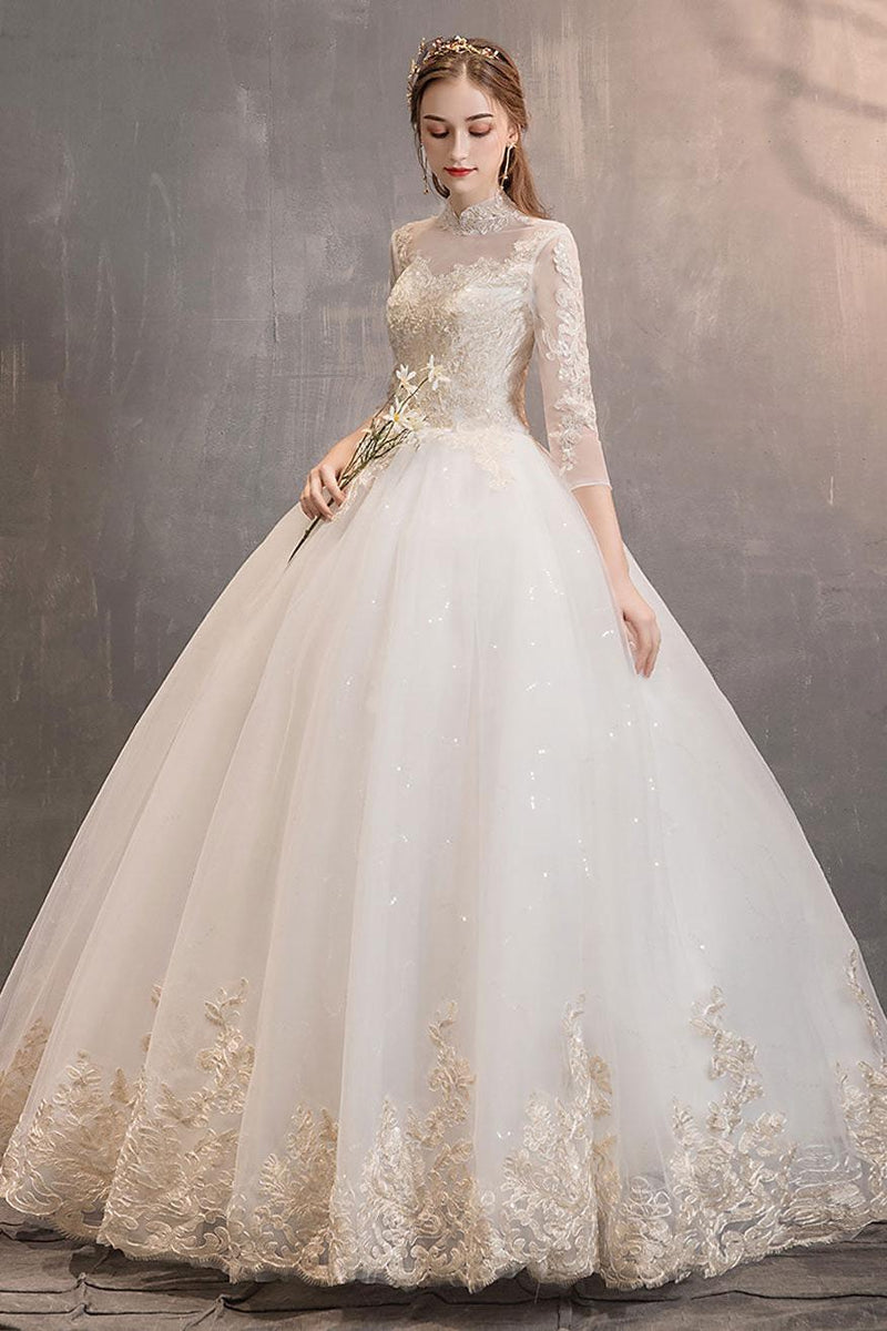 princess wedding dress sleeves Tulle Wedding Dresses Princess Bridal Gown Illusion Collar Half Sleeve Floor Length Bridal Dress – Dbrbridal