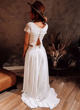 Two-piece Ivory Wedding Dress Chic A-line Scoop Neck Button Detail-Dbrbridal