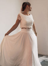 Two-piece Ivory Wedding Dress Chic A-line Scoop Neck Button Detail-Dbrbridal
