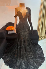 Unique Black Cap sleeves Beaded Mermaid Court Train Prom Dresses-Dbrbridal