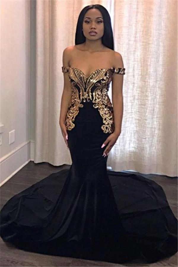 Unique Off-the-Shoulder Appliques Mermaid Sweep Train Prom Dresses-Dbrbridal