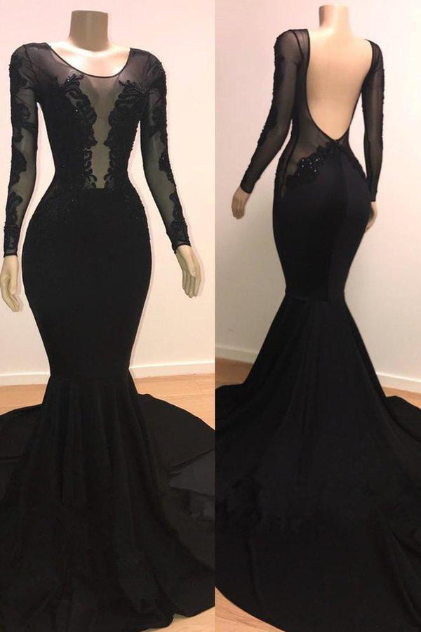 Unique Scoop Long Sleeves Backless Appliques Tulle Mermaid Prom Dresses-Dbrbridal