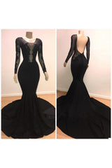 Unique Scoop Long Sleeves Backless Appliques Tulle Mermaid Prom Dresses-Dbrbridal