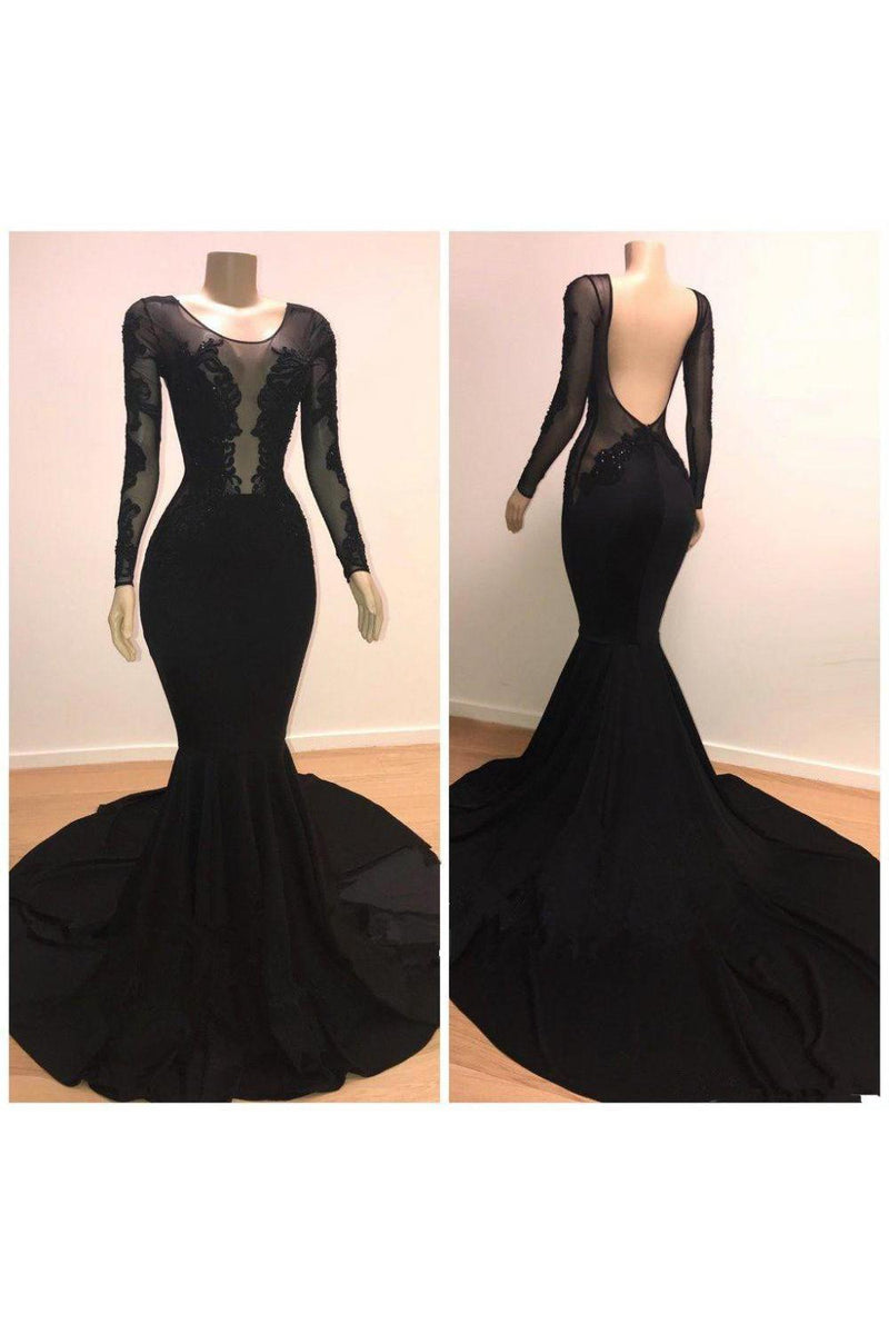 Unique Scoop Long Sleeves Backless Appliques Tulle Mermaid Prom Dresses-Dbrbridal