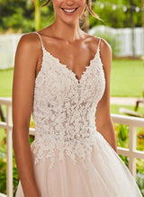 V-Neck Ball-Gown Wedding Dresses Lace Tulle Sweep Train Appliques-Dbrbridal