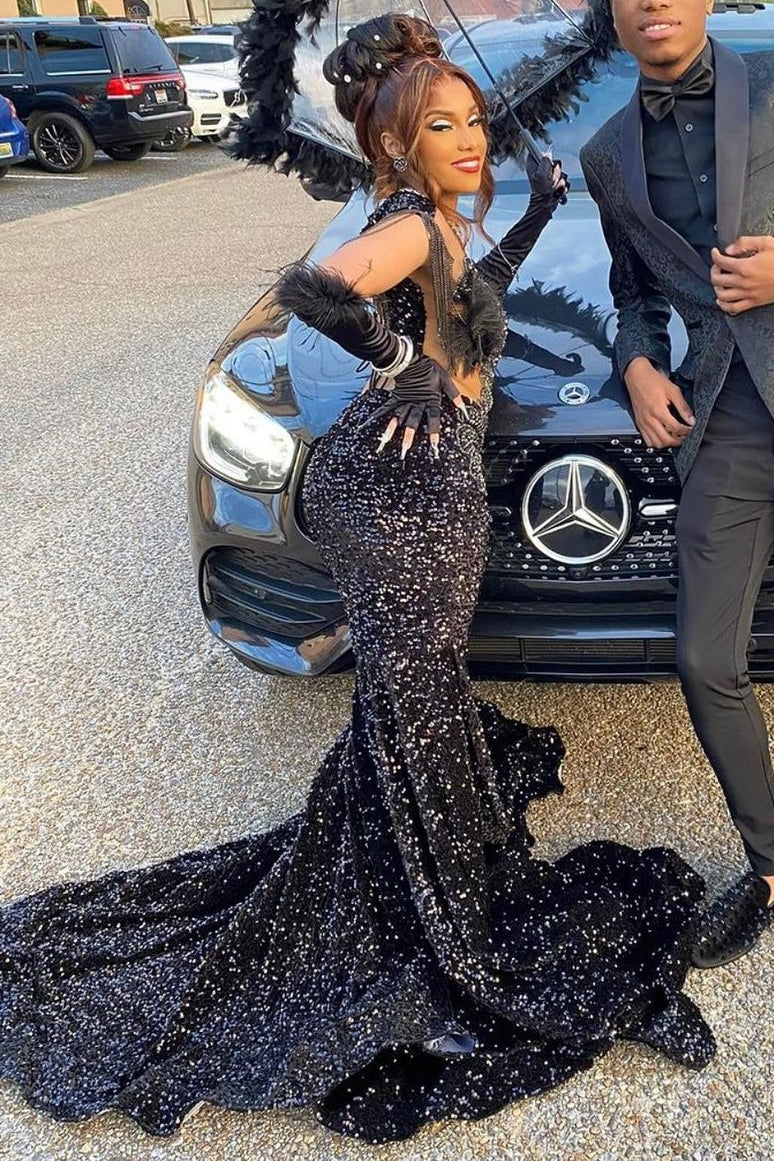 V-neck Beaded Sequined Mermaid Long Prom Dresses-Dbrbridal