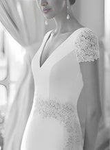 V-Neck Chic A-line Wedding Dress Lace Short Sleeves Court Train Elastic Satin-Dbrbridal
