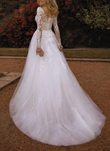 V-Neck Chic A-line Wedding Dresses Long Sleeves Lace Tulle Appliques Lace-Dbrbridal