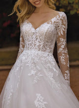 V-Neck Chic A-line Wedding Dresses Long Sleeves Lace Tulle Appliques Lace-Dbrbridal