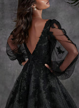 V-Neck Chic A-line Wedding Dresses Long Sleeves Sweep Train in Lace-Dbrbridal