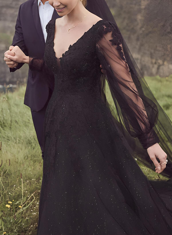 V-Neck Chic A-line Wedding Dresses Long Sleeves Sweep Train in Lace-Dbrbridal