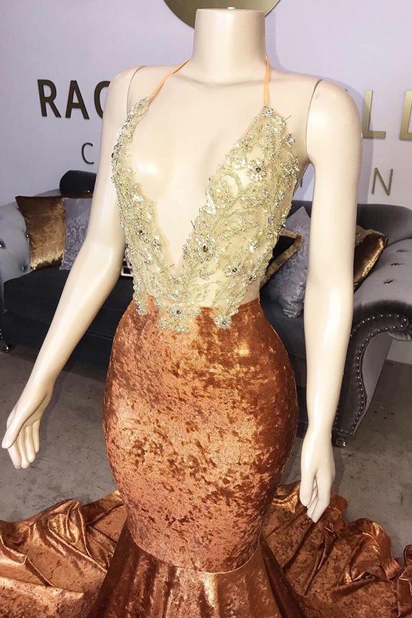 V-Neck Halter Beading Sequins Court Train Mermaid Prom Dresses-Dbrbridal