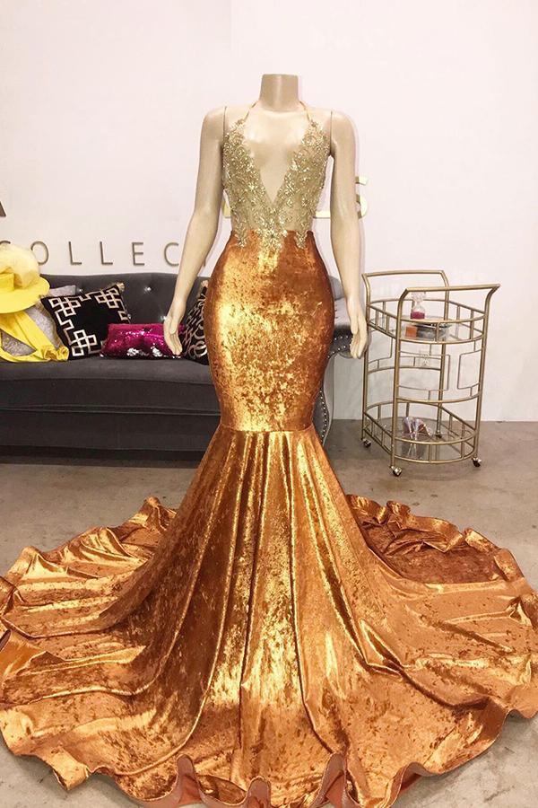 V-Neck Halter Beading Sequins Court Train Mermaid Prom Dresses-Dbrbridal
