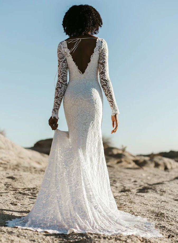 V-Neck Lace Mermaid Fitted Wedding Dresses Long Sleeves Slit-Dbrbridal