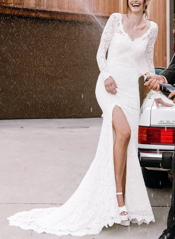V-Neck Lace Mermaid Fitted Wedding Dresses Long Sleeves Slit-Dbrbridal