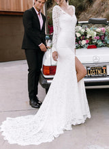 V-Neck Lace Mermaid Fitted Wedding Dresses Long Sleeves Slit-Dbrbridal