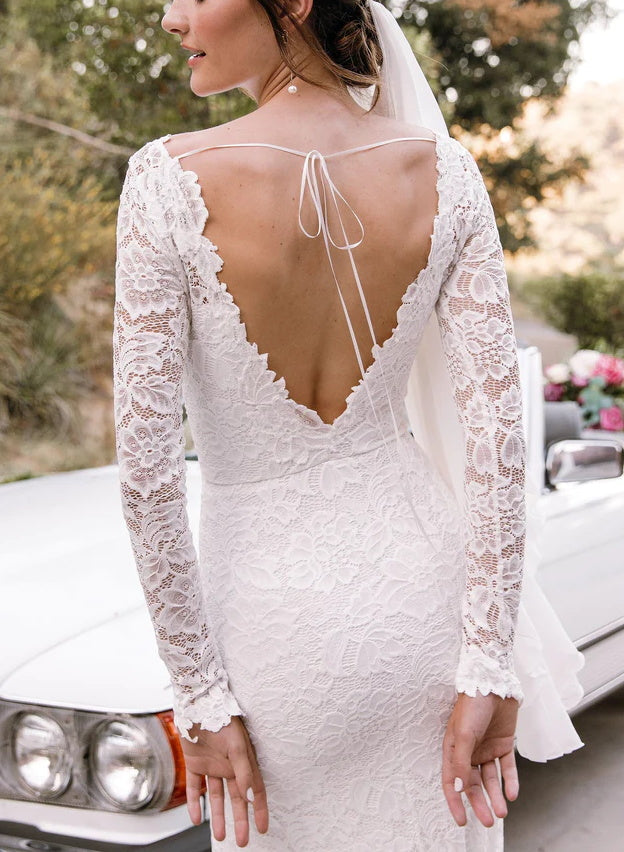 V-Neck Lace Mermaid Fitted Wedding Dresses Long Sleeves Slit-Dbrbridal
