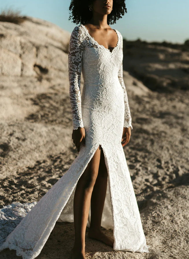 V-Neck Lace Mermaid Fitted Wedding Dresses Long Sleeves Slit-Dbrbridal