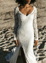 V-Neck Lace Mermaid Fitted Wedding Dresses Long Sleeves Slit-Dbrbridal