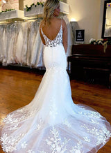 V-Neck Lace Satin Wedding Dresses Split Front-Dbrbridal