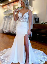 V-Neck Lace Satin Wedding Dresses Split Front-Dbrbridal