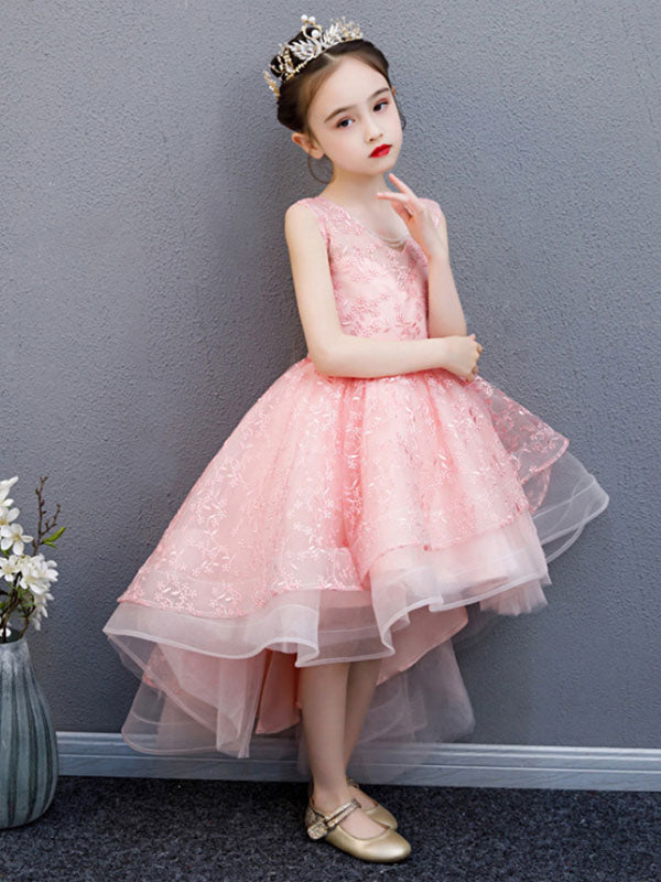 V-Neck Lace Sleeveless Asymmetrical Princess Bows Kids Party Dresses-Dbrbridal