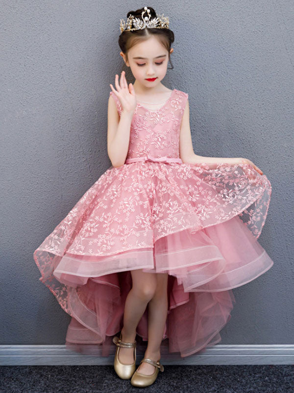 V-Neck Lace Sleeveless Asymmetrical Princess Bows Kids Party Dresses-Dbrbridal