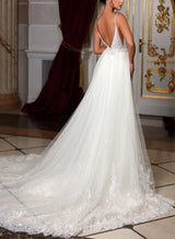 V-Neck Lace Tulle Wedding Dresses Appliques Lace-Dbrbridal