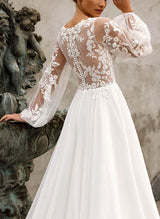 V-Neck Long Sleeve Wedding Dress Chic A-line Silhouette Lace Appliques-Dbrbridal
