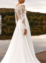 V-Neck Long Sleeve Wedding Dress Chic A-line Silhouette Lace Appliques-Dbrbridal