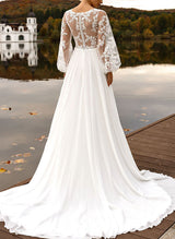 V-Neck Long Sleeve Wedding Dress Chic A-line Silhouette Lace Appliques-Dbrbridal