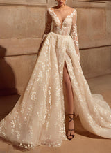V-Neck Long Sleeves Chic A-line Lace Wedding Dress Split Front Sweep Train-Dbrbridal
