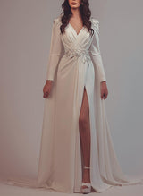 V-Neck Long Sleeves Chiffon Wedding Dresses Sequins-Dbrbridal